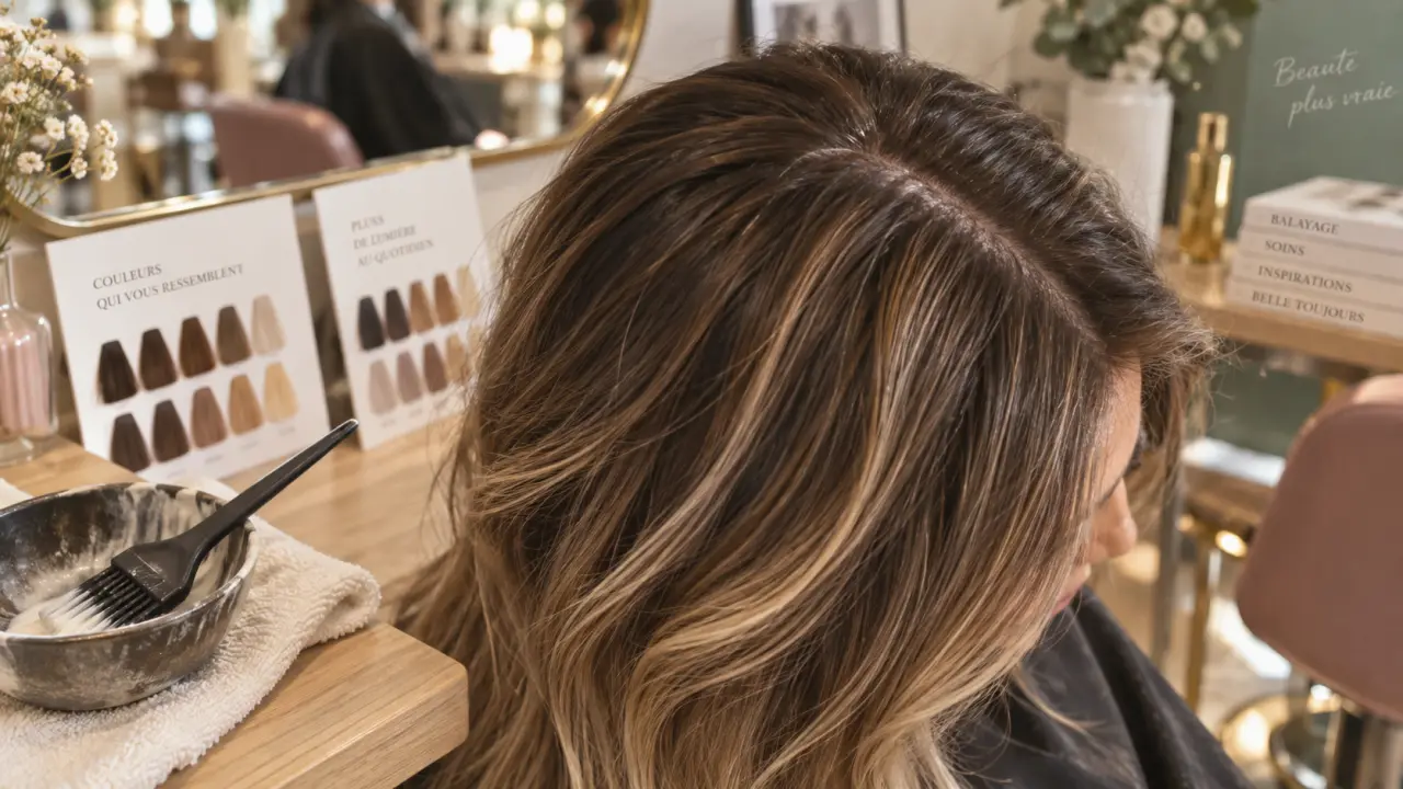 Meche blonde sur du brun : balayage miel et beige, gros plan cheveux