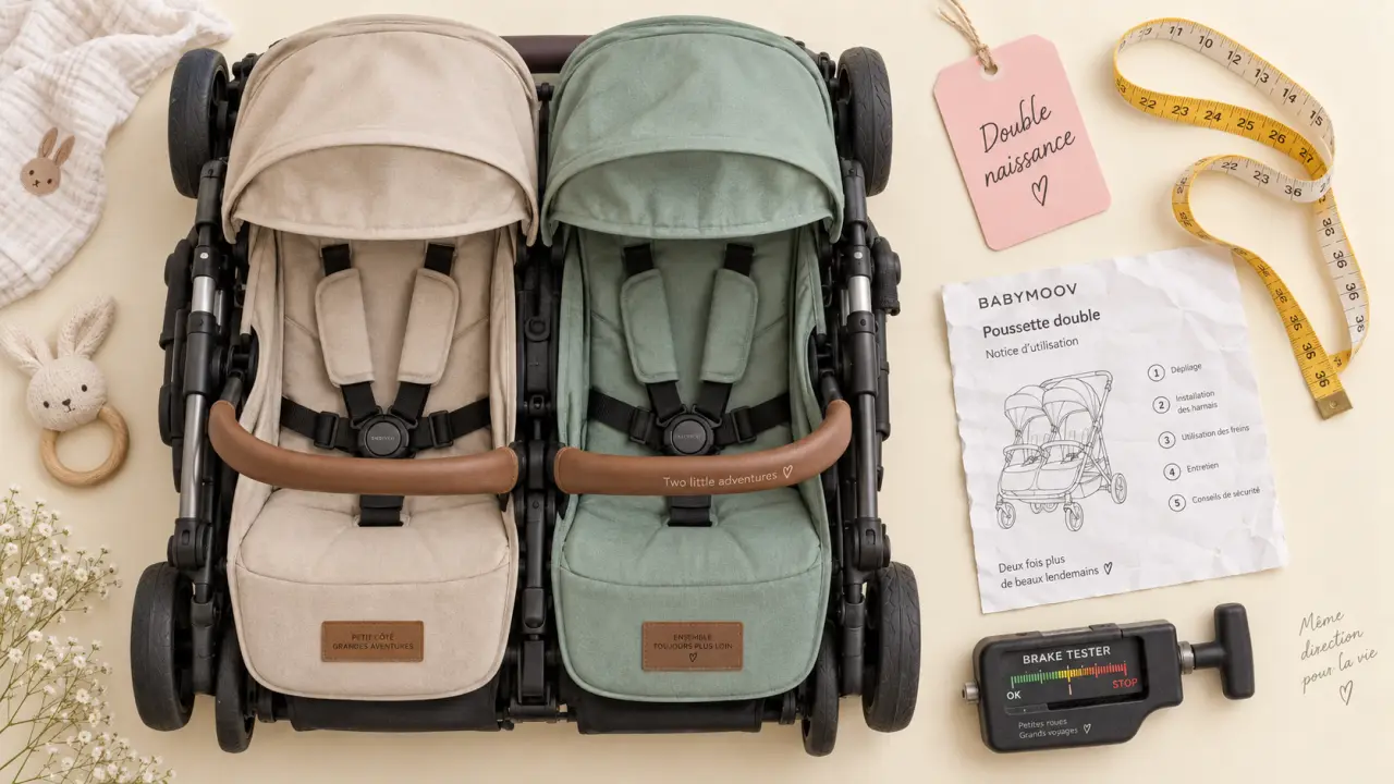Poussette double nouveau-né et 2 ans à vérifier avant achat, vue du dessus repliée