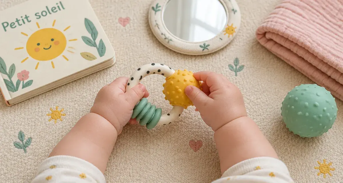 bebe 5 mois jouet hochet sur tapis de jeu, repères sommeil et repas