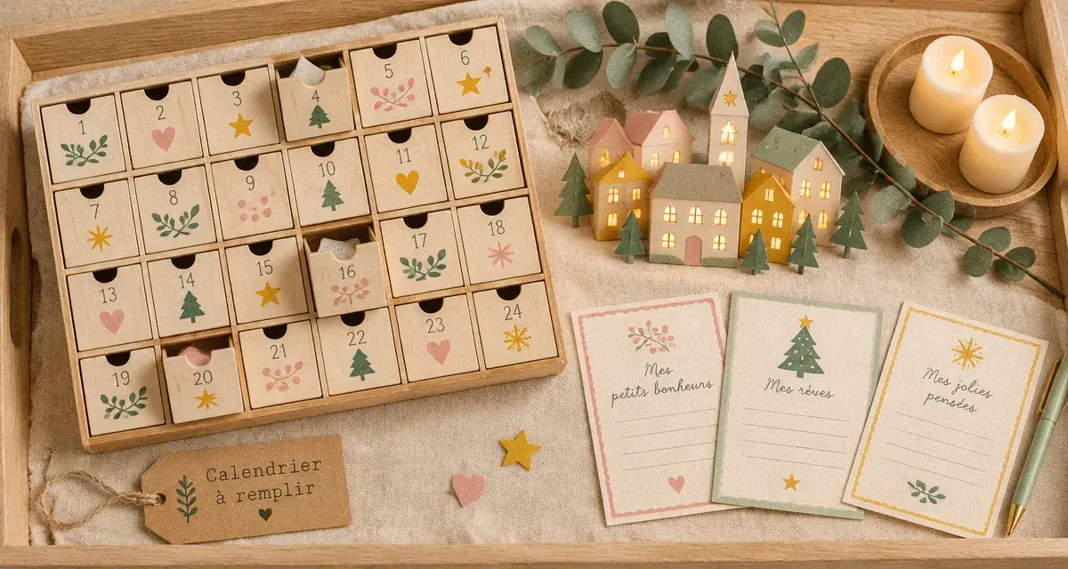 Calendrier de lavent décoration maison en bois 24 tiroirs, vue de dessus