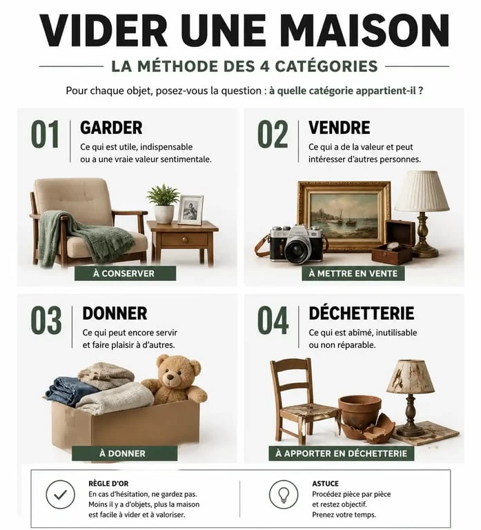 Infographie illustrant la méthode de tri en quatre piles pour vider une maison efficacement