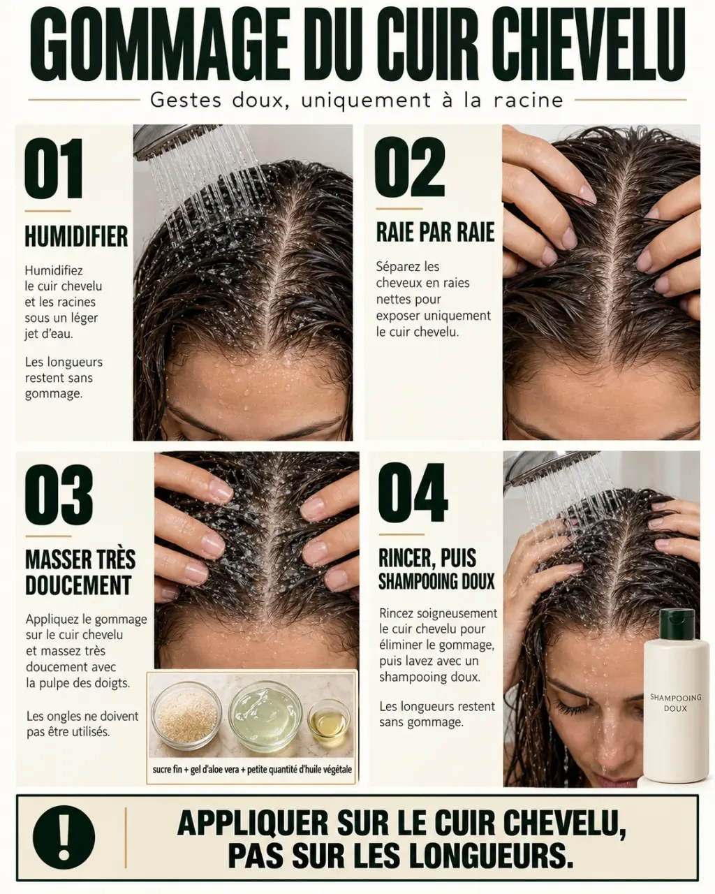 Étapes d’un gommage cuir chevelu naturel avant le shampooing