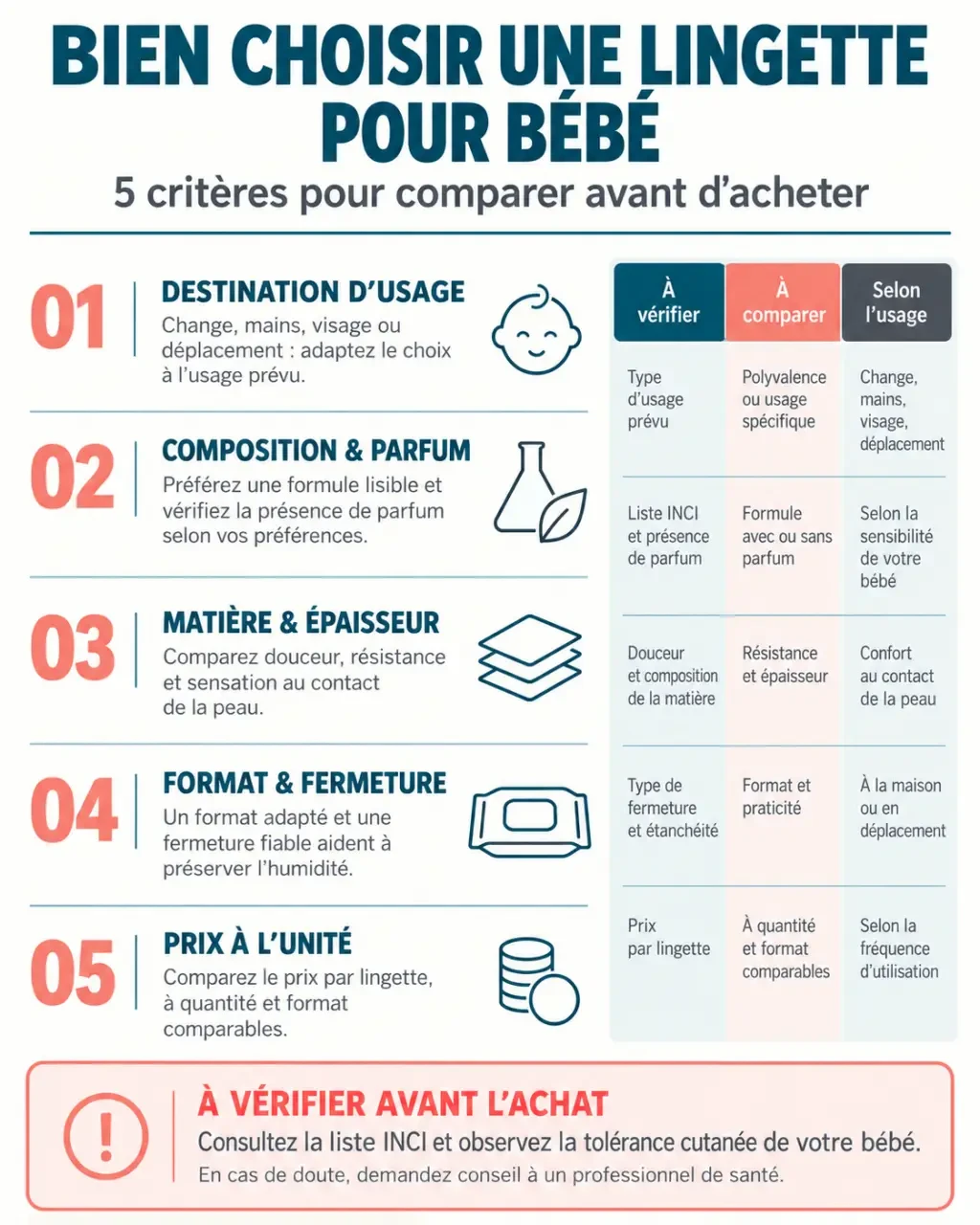 Infographie pour choisir une lingette pour bébé selon la composition, l’usage et le format