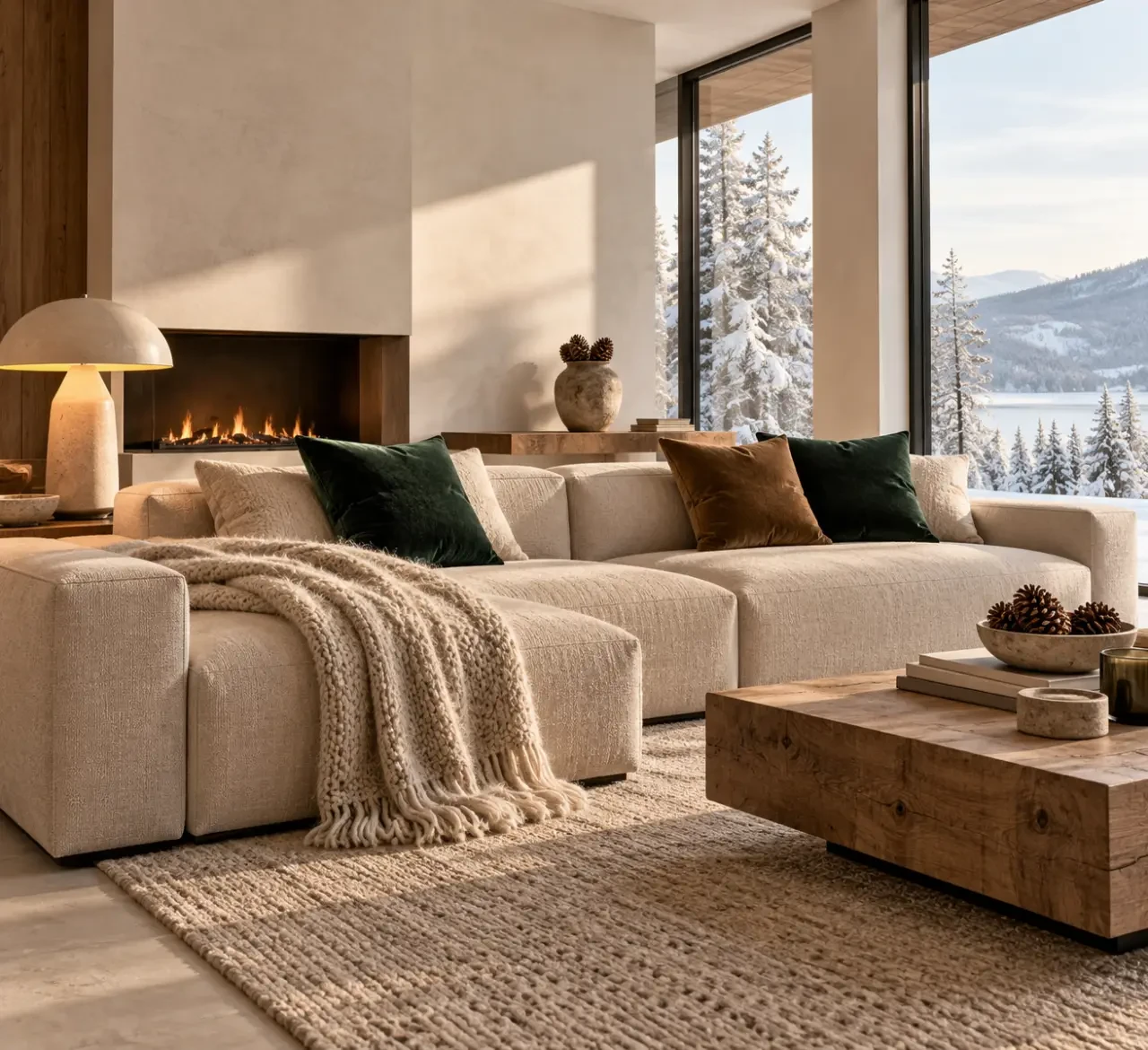 Décoration hiver maison avec plaid, lumière chaude et matières naturelles dans un salon