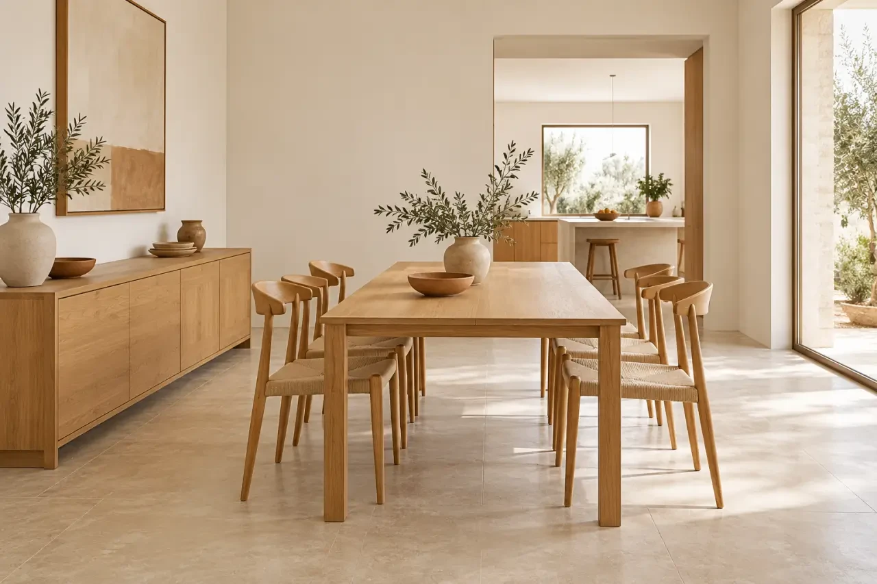 Salle à manger conviviale pour une déco maison de famille avec table en bois et buffet