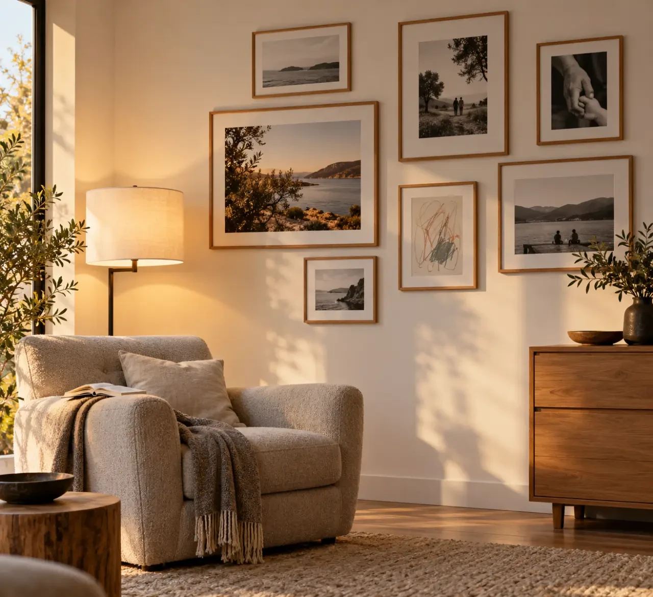 Mur de cadres et coin lecture personnalisés dans une déco maison de famille