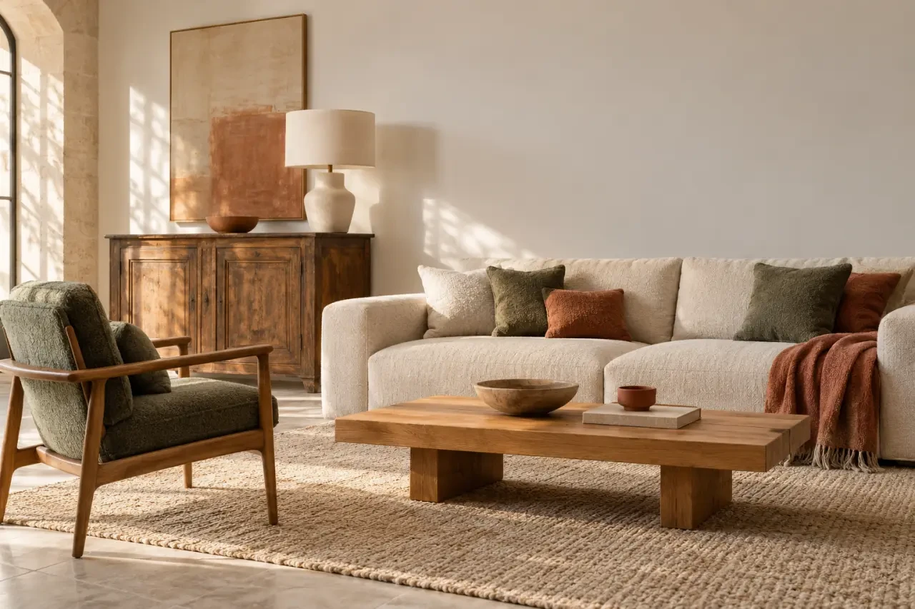 Salon chaleureux aménagé dans l’esprit déco maison de famille avec meubles anciens et textiles naturels