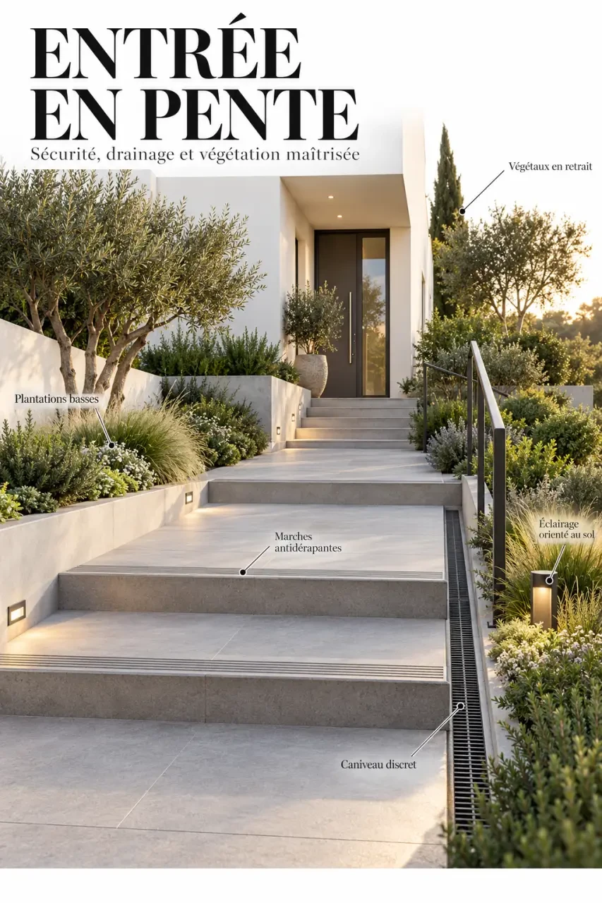 Idée déco extérieur devant maison sur terrain en pente avec plantations et éclairage