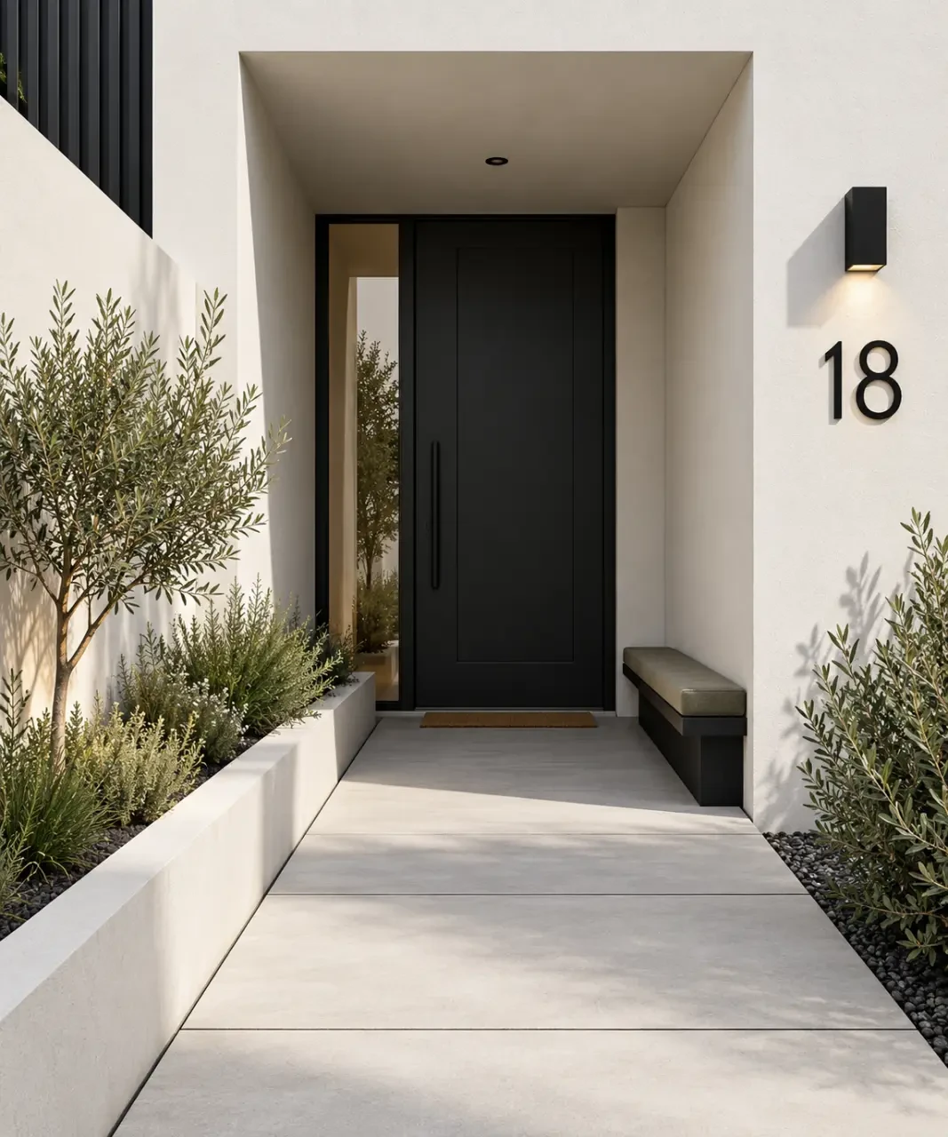 Idée déco extérieur devant maison avec petite entrée, jardinière étroite et éclairage mural