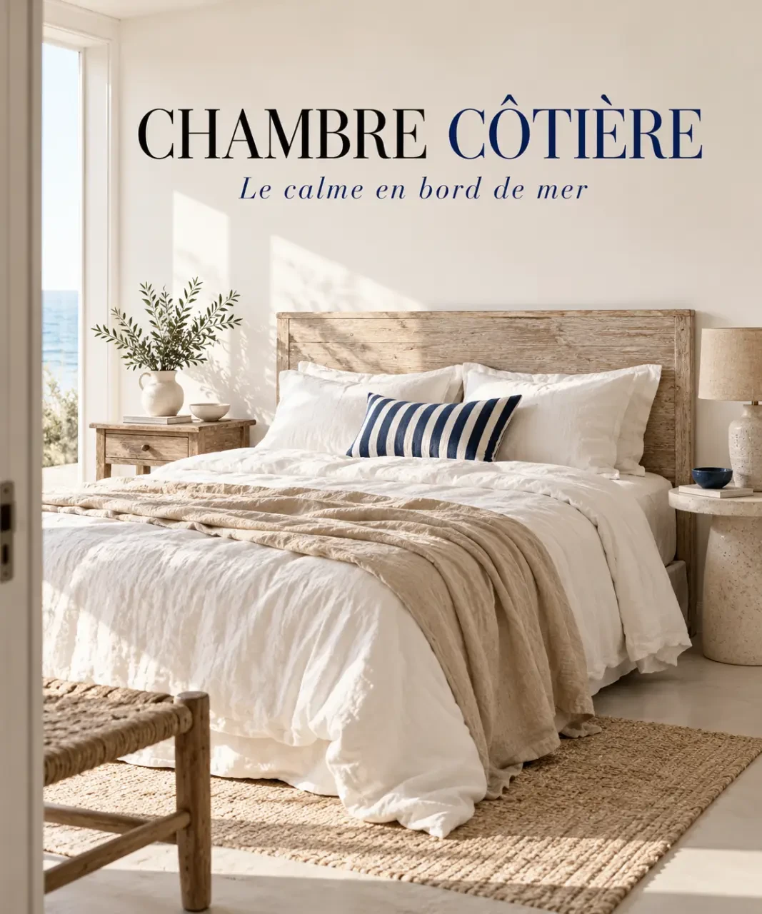 Chambre de décoration maison bord de mer avec linge de lit sable, bois patiné et coussin rayé