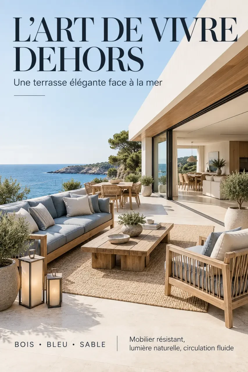 Terrasse de décoration maison bord de mer avec mobilier extérieur en bois et lanternes LED