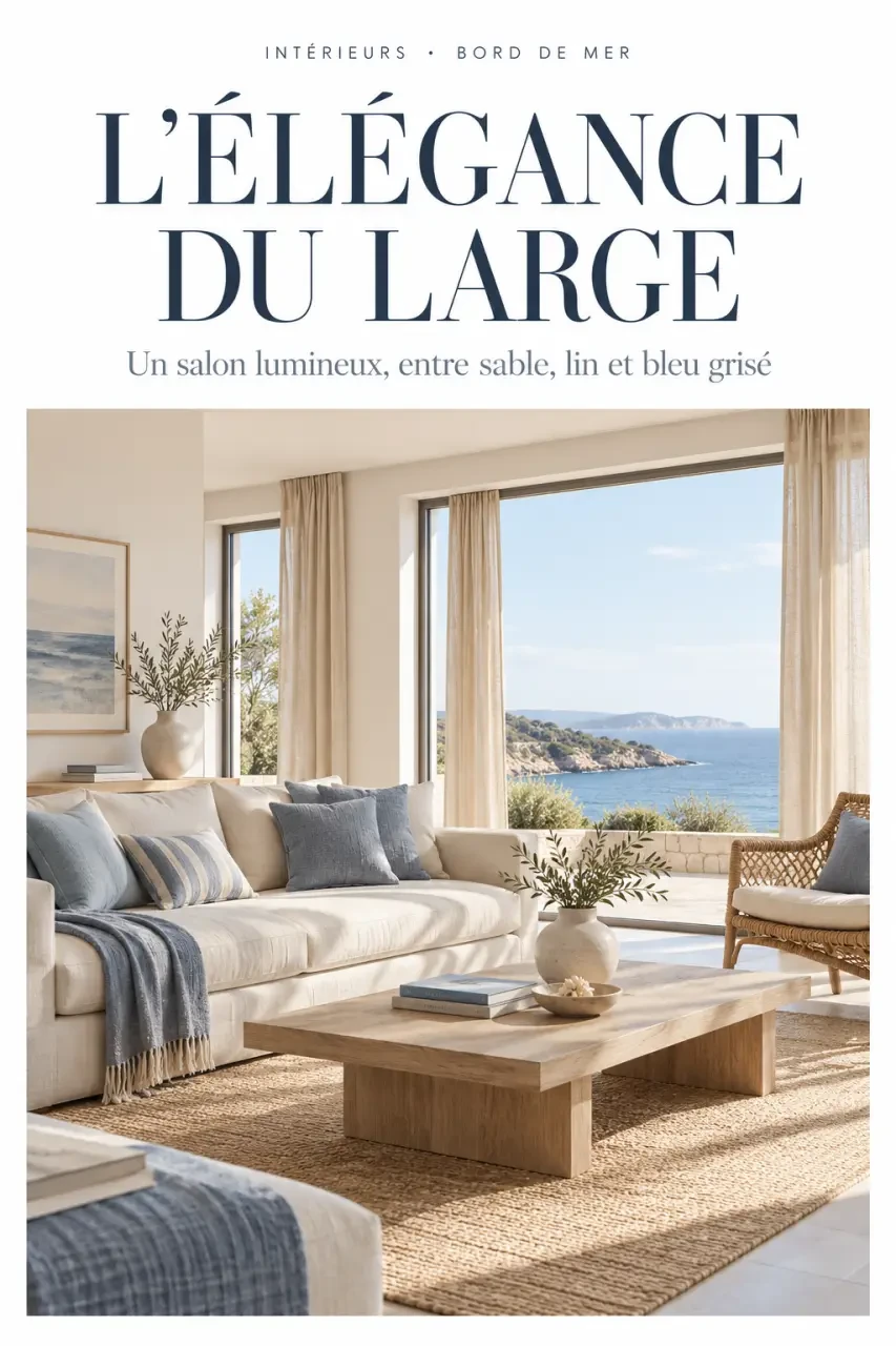 Salon de décoration maison bord de mer avec canapé écru, bois clair et fauteuil en rotin