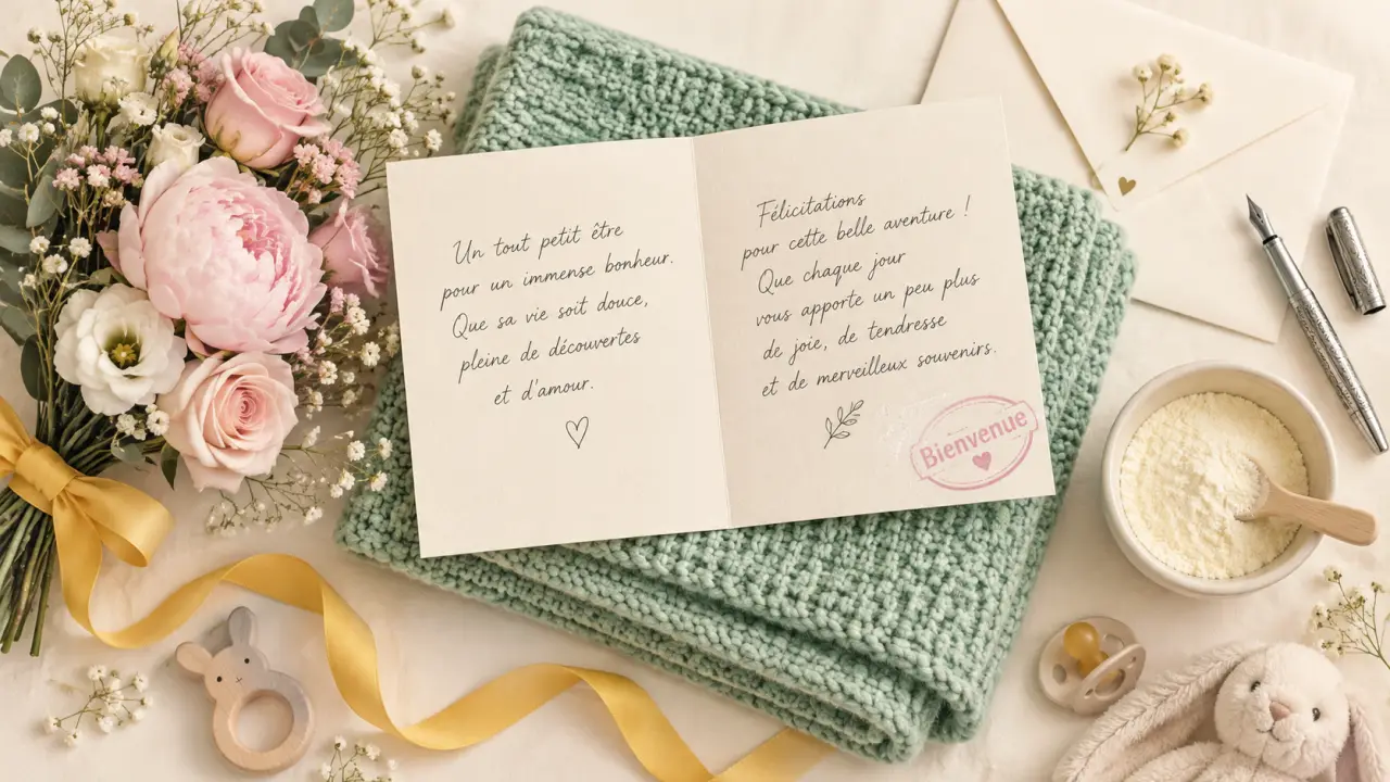 Félicitation pour naissance : carte Bienvenue, bouquet et tricot vert menthe