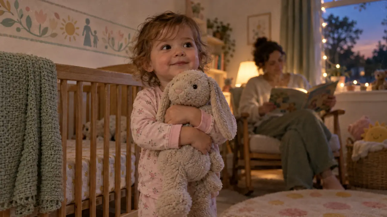 Régression sommeil 2 ans : enfant en pyjama avec doudou, parent au rituel du coucher